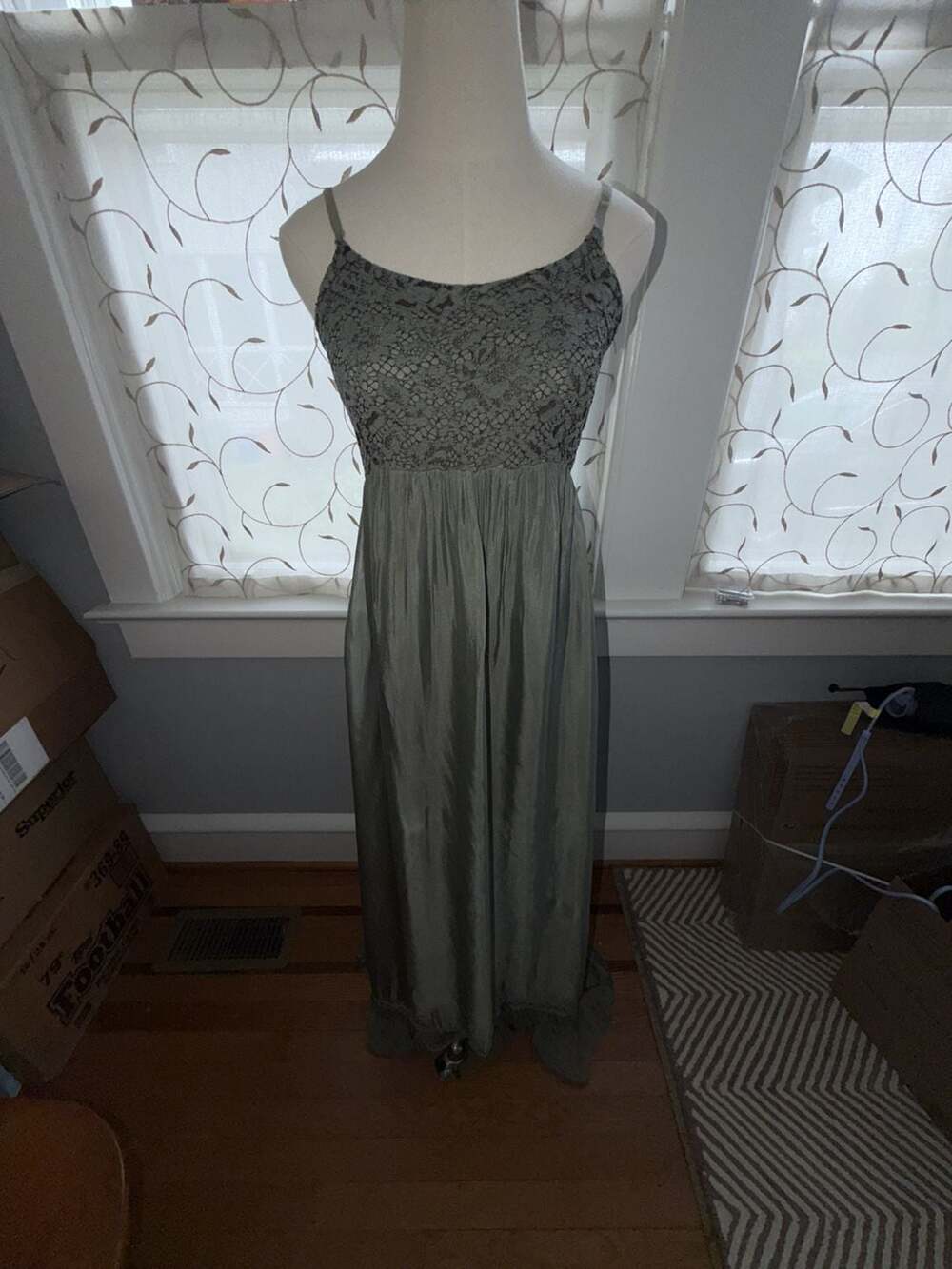 Belle France gray-olive Silk Blend Lace Bodice Maxi Dress size XL